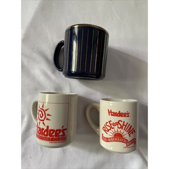Vintage Hardees Logo Coffee Mugs Set Of 3 Breakfast Club & Rise And Shine Design - Picture 2 of 10
